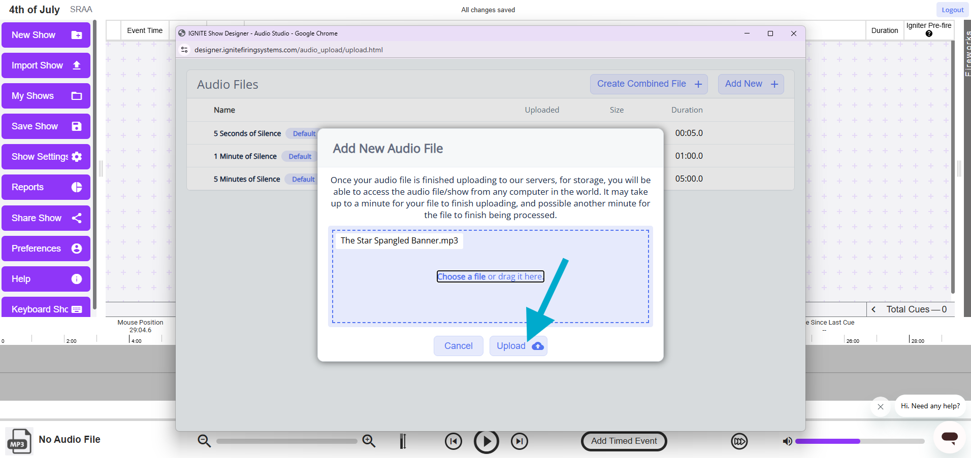 Upload button in Audio Studio
