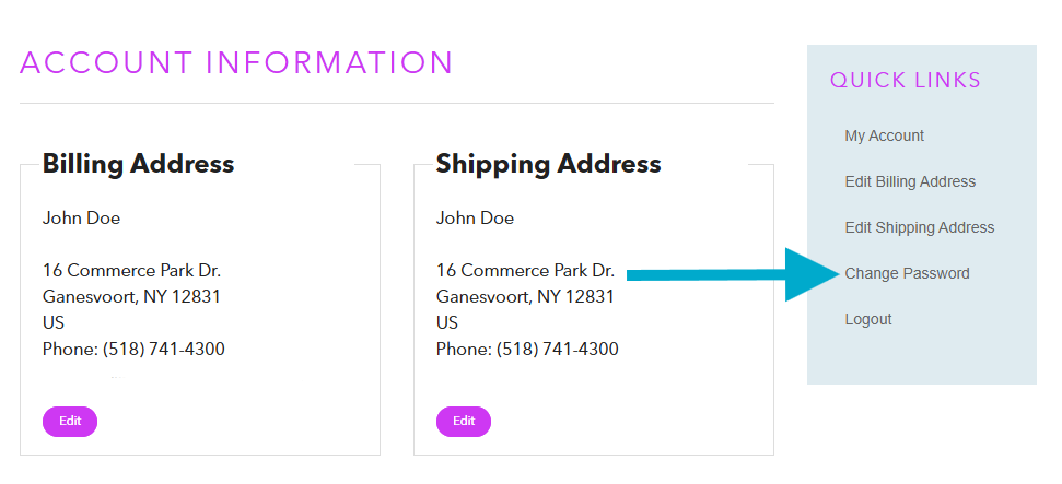 An arrow points to the Change Password option in the Quick Links menu within the Account Information page.