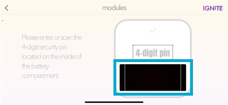 Modules Screen Enter Module PIN with box Around Barcode Scanner.