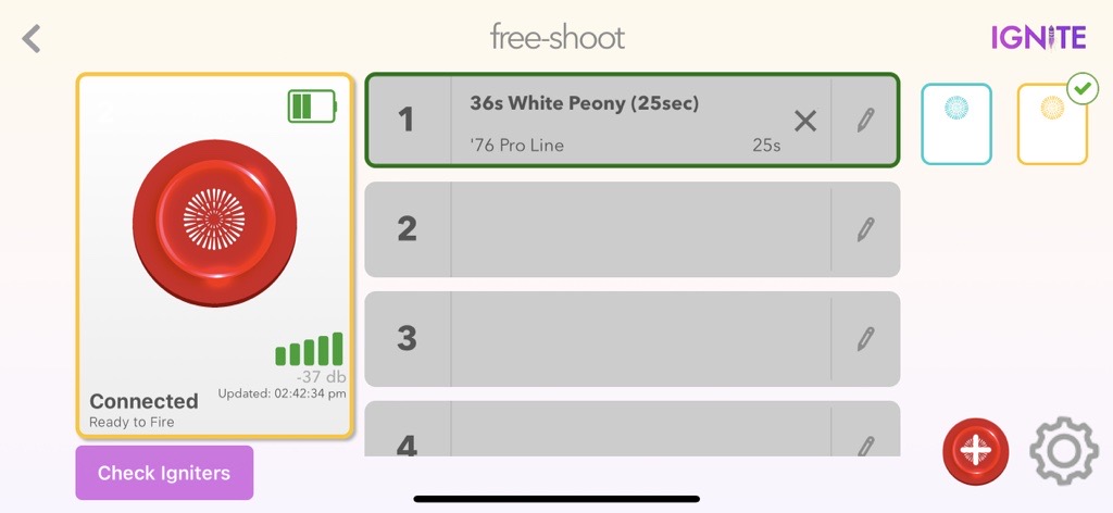 Free-Shoot screen with fireworks assigned to cues