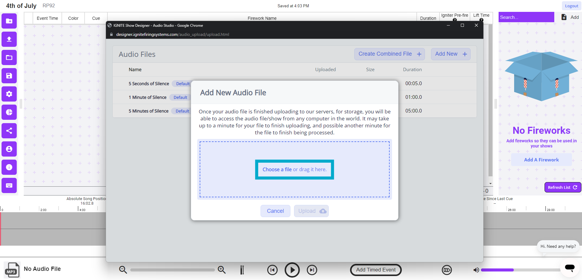 IGNITE Show Designer - Select Audio Window with Choose a File highlighted