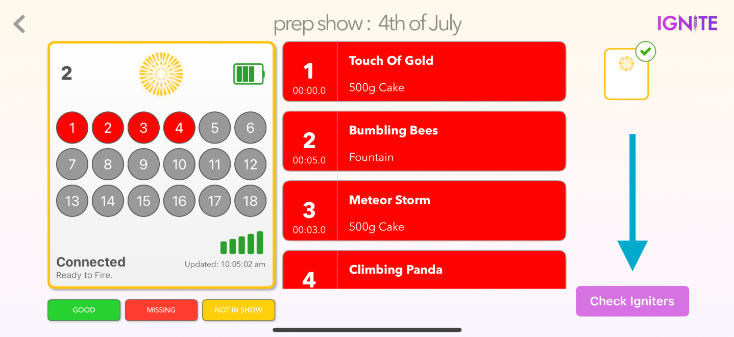 Prep show screen with arrow pointing to Check Igniter button