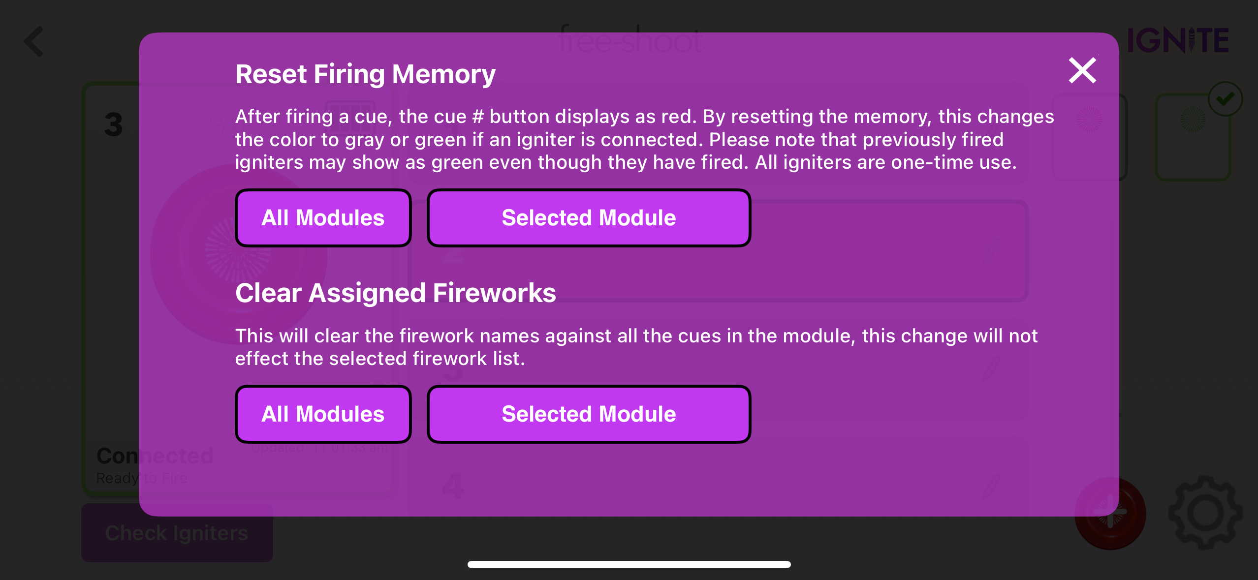 Select modules to reset