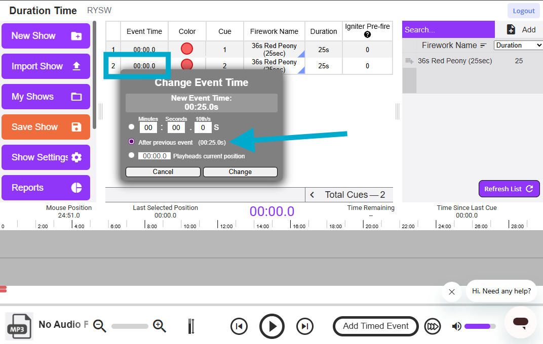 Blue square around event time with blue arrow poiting towards after previous event time button