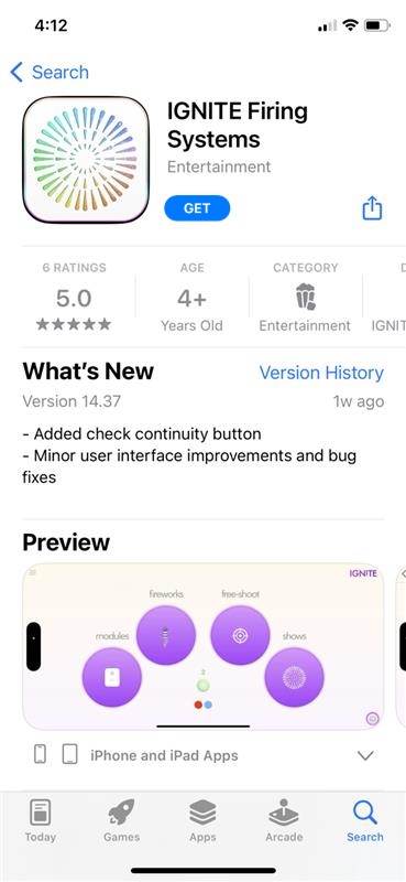 IGNITE Firing Systems app listing in Apple App Store