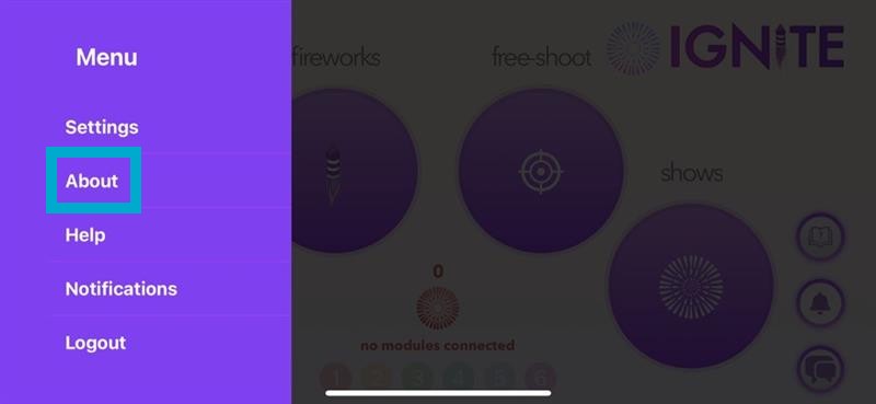 Hamburger menu showing About option