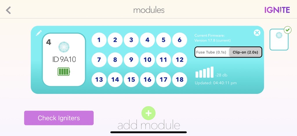 Modules screen showing cyan module