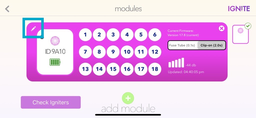 Modules screen with box around pencil icon