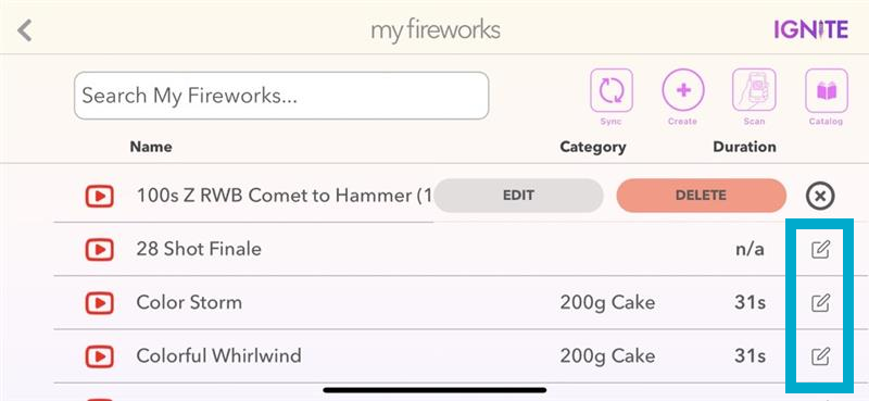 Edit and Delete options for fireworks