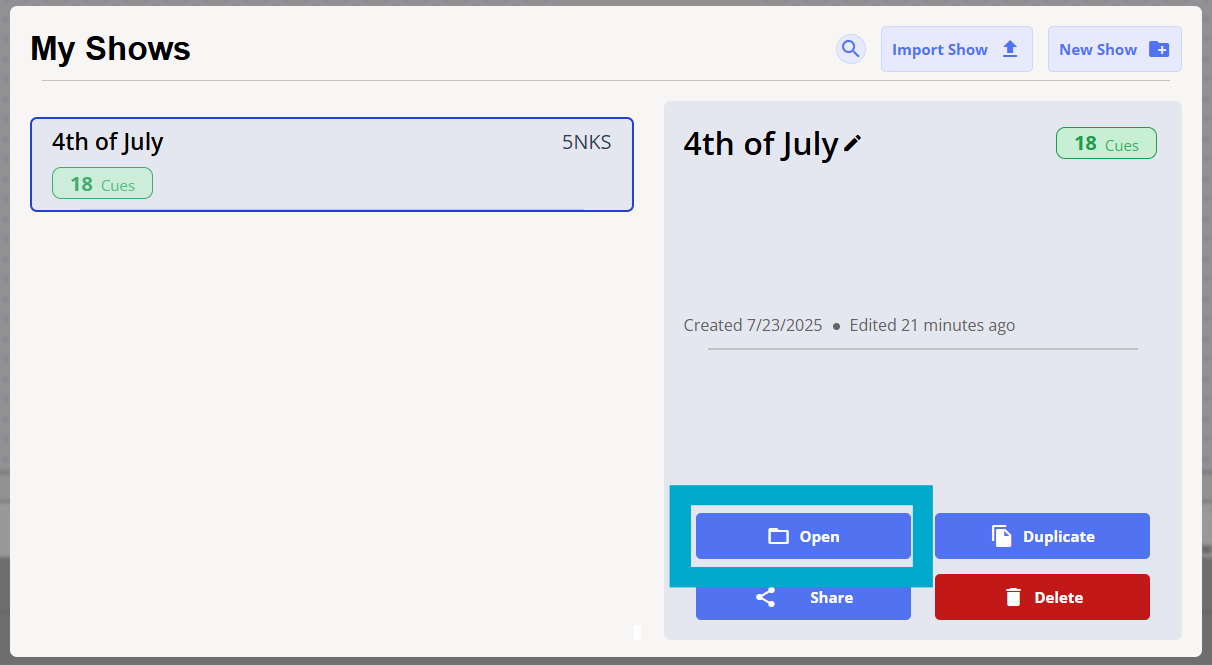 Selecting a show to edit
