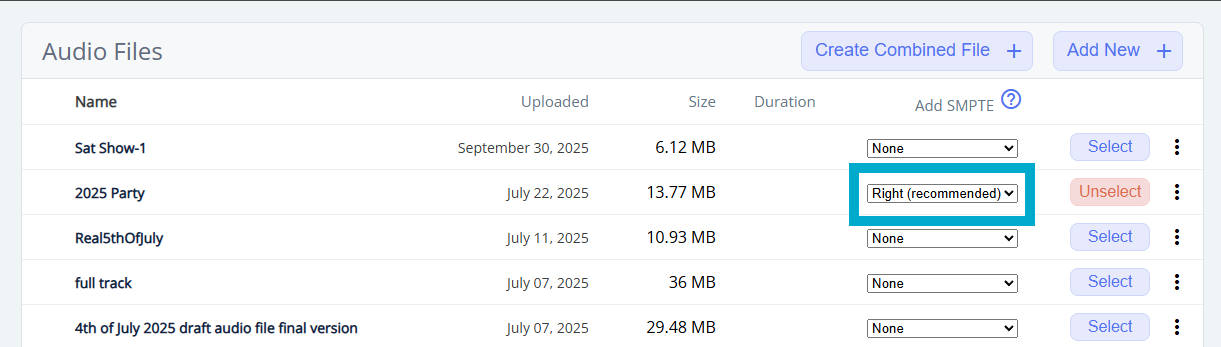 Audio Studio SMPTE column