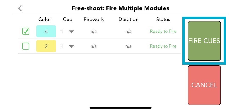 Free-Shoot screen showing Fire Cues button