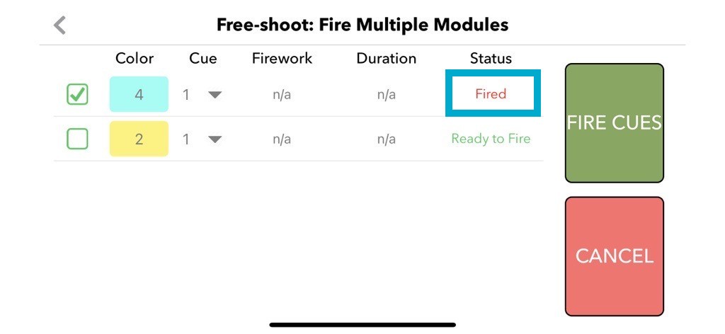 Cue displayed as fired in IGNITE Free-Shoot