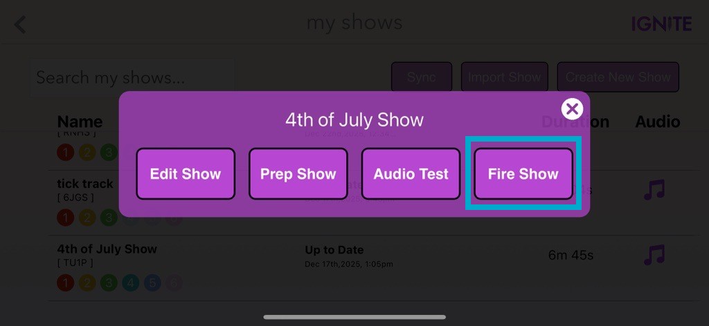 IGNITE App Shows Screen Show With Audio Selected Box Around Fire Show Button.jpg