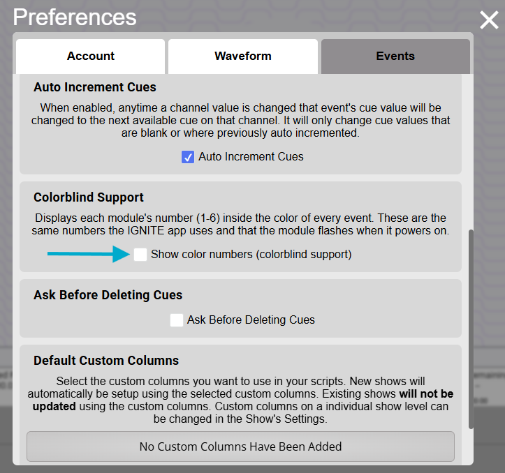 IGNITE Show Designer Preferences Screen Arrow Pointing to Colorblind Support.png