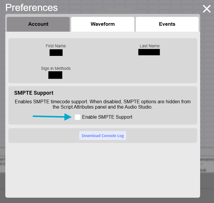IGNITE Show Designer Preferences Screen Arrow Pointing to Enable SMPTE Checkbox.png
