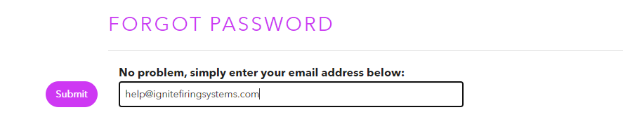 An email address is entered into the email field on the Forgot Password page with the Submit button to the left.